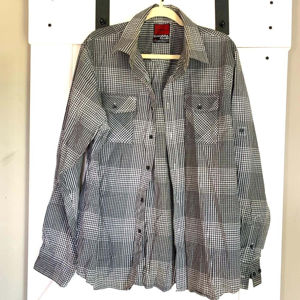 Men’s Vintage Sahara Club Gray Plaid Long Sleeve Button Down Shirt Large